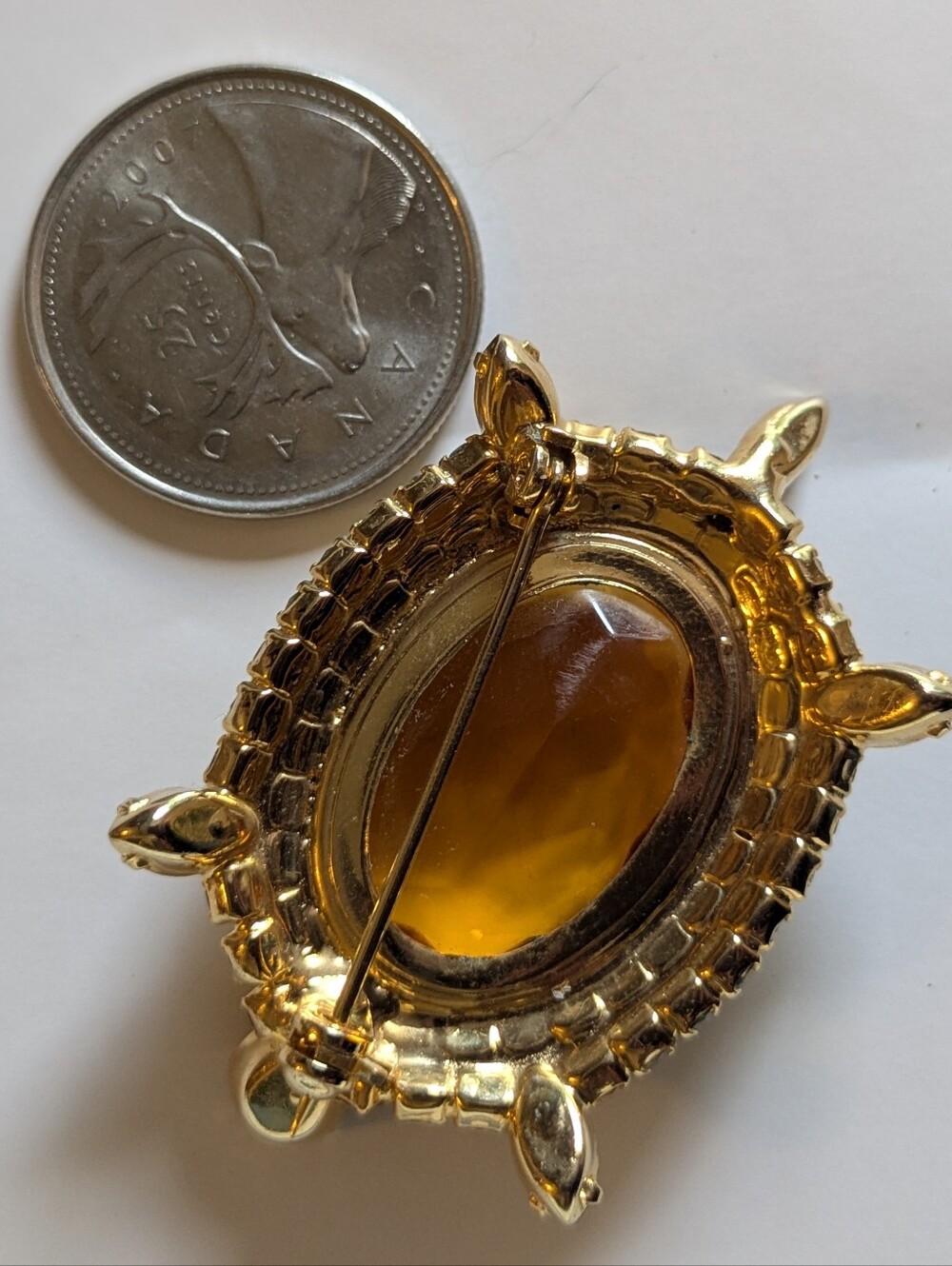 Vintage Turtle Brooch Amber Rhinestone Gold Tone Tortoise Pin Statement Jewelry - Picture 3 of 3